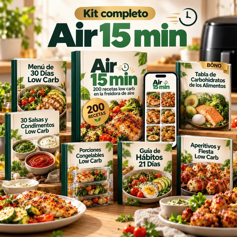 Kit Air 15 min: libro con 200 recetas, app en el celular, Menú de 30 Días, 30 Salsas y Condimentos y Tabla de Carbohidratos de los Alimentos, además de los extras opcionales.