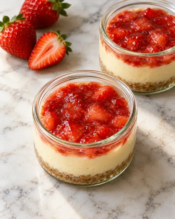 Cheesecake en vasito con salsa de fresa